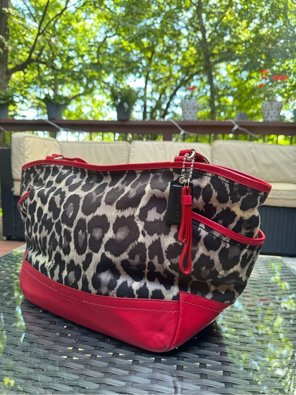 Coach Park Ocelot Leopard Print Canvas Tote Red Leather Shoulder Bag - Picture 2 of 7